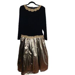 Scott Mcclintock Vintage 80s Gold Taffeta Black Velvet Drop Waist Gown Size 14